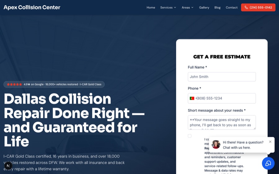 Modern collision center website homepage