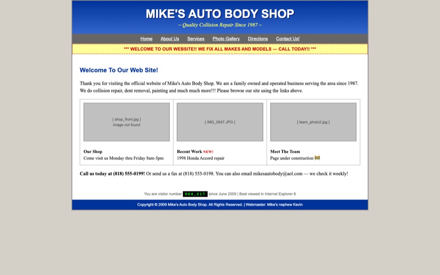 Outdated auto body shop website from 2009